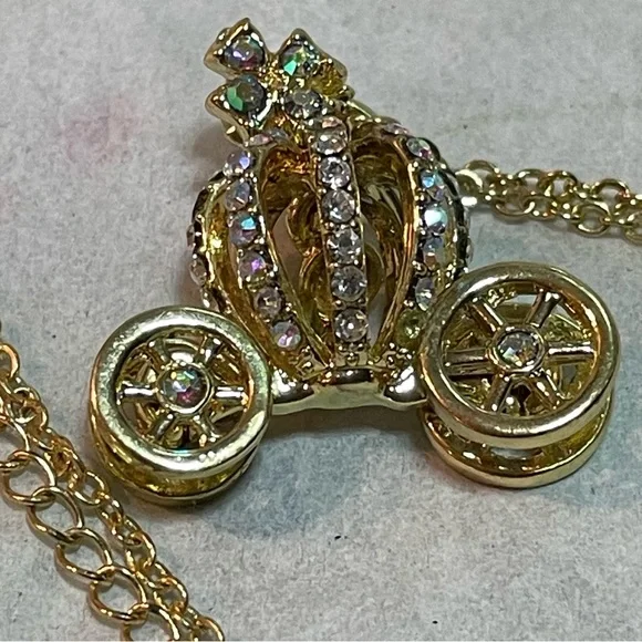 Coach Carriage Necklace w/ Spinning Wheels, Crystal Pendant! Fairytale Necklace - Picture 9 of 10